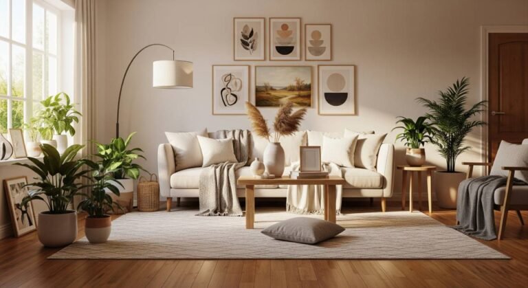 Affordable Home Decor. A cozy and elegant living room decorated with a light-colored sofa, indoor plants, and framed artwork, showcasing how to achieve a luxurious look with affordable home decor on a budget.