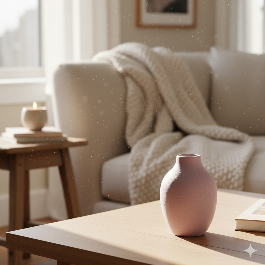 Warm and inviting living room in Montreal, Quebec, Canada, with a soft pastel pink vase on a wooden coffee table, a cozy neutral sofa with a knitted throw, and a lit candle, embodying subtle elegance and personal style.