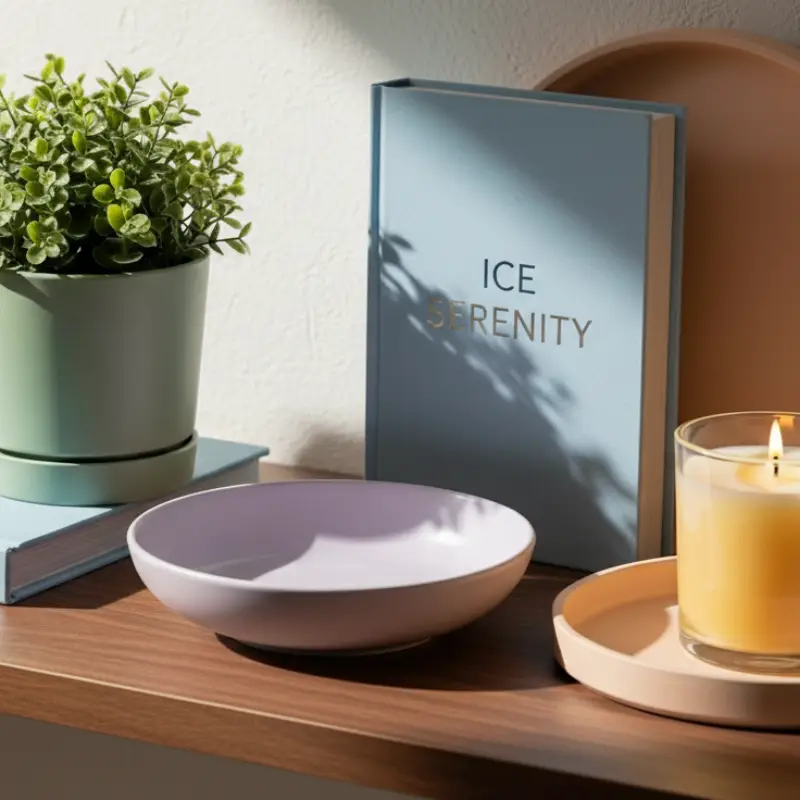 Elegant display showcasing 2025 Interior Design Pastel Colors with decor items like a blush pink vase, sage green plant pot, lavender bowl, ice blue books, and a butter yellow candle on a wooden shelf, illuminated by natural light