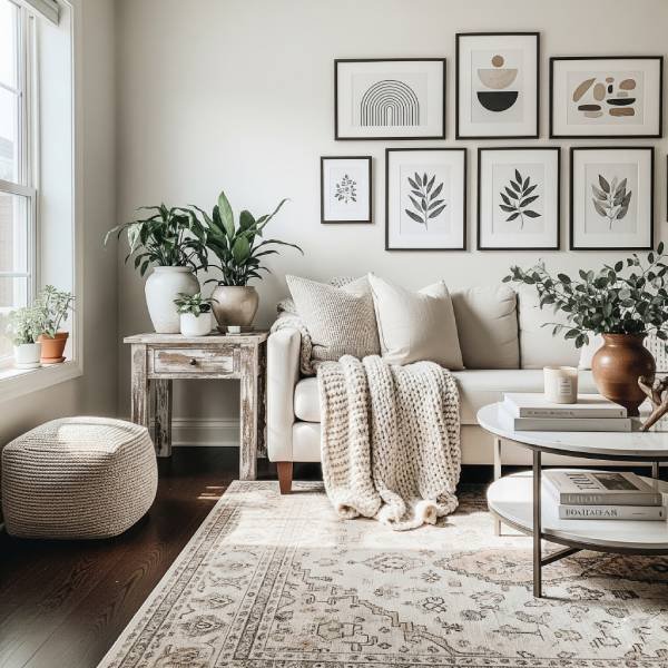 A cozy and elegant living room with a neutral-toned sofa, a gallery wall of framed artwork, and lush indoor plants, showcasing how to achieve a luxurious look with smart, budget-friendly decor.