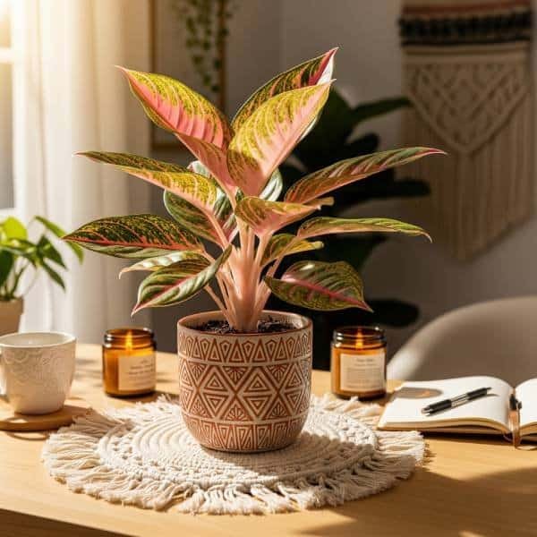 An Aglaonema with colorful, patterned leaves on a bohemian-style office desk, showing its ability to thrive with artificial light in a cheerful, personal workspace.