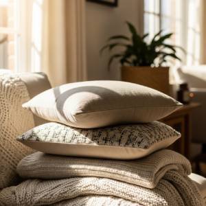 A cozy arrangement of textured throw pillows and a soft throw blanket, showcasing affordable and stylish textile finds on AliExpress.