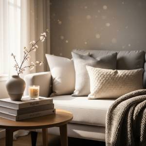 A curated selection of elegant and affordable home decor items from Amazon, including books, a lit candle, and a decorative gold tray, styled with warm natural light.
