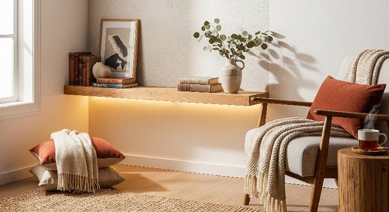 Soft, warm LED strip lighting illuminating a shelf in a cozy living room, creating a sophisticated and budget-friendly ambiance.