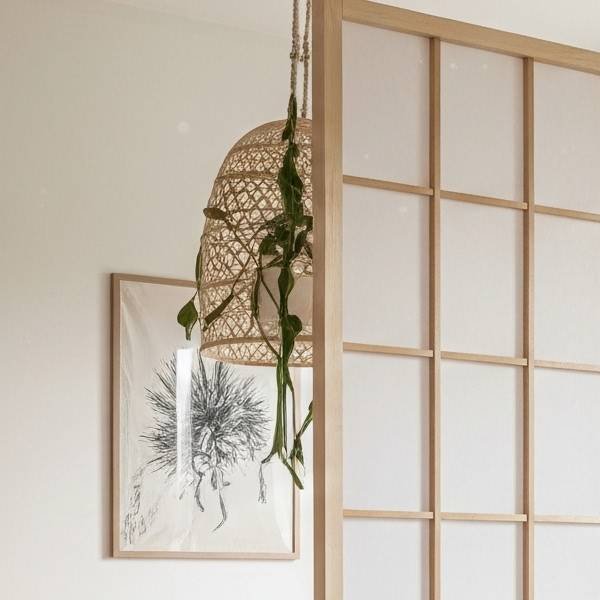 A close-up view of a cozy bedroom nook in a studio apartment. A warm, decorative lamp hangs over the bed, with a light-colored wooden room divider visible in the foreground, creating a soft and elegant separation.