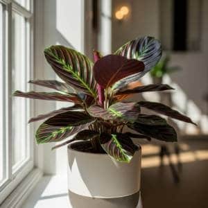 A Calathea plant with spectacular patterned leaves in a modern ceramic pot, bathed in natural light from a window. The image highlights the artistic beauty and intricate details of the plant.