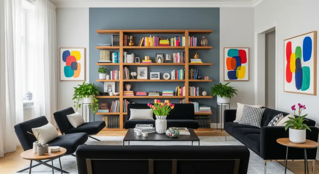 A classic and modern living room with a large wooden bookshelf, a grayish-blue accent wall, black furniture, and plants in white pots. The space is decorated with colorful abstract art, creating a cozy, elegant, and personal atmosphere under natural light.