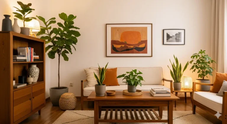 Bright and organized living room in a Montreal apartment with wooden furniture, art, and houseplants, reflecting a decluttered and serene space.