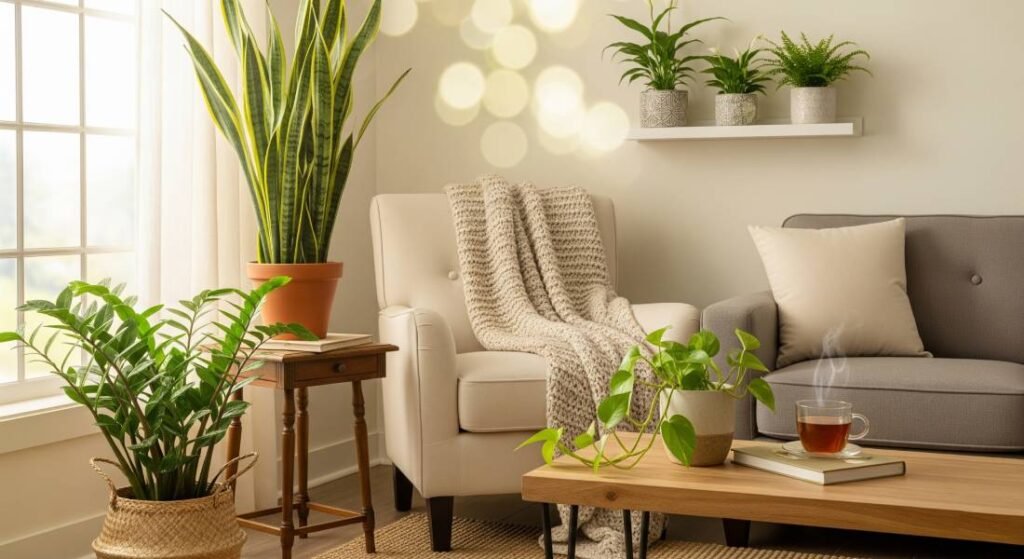 A final image showing a cozy and tranquil home filled with various happy low-light plants, symbolizing the peace they bring.