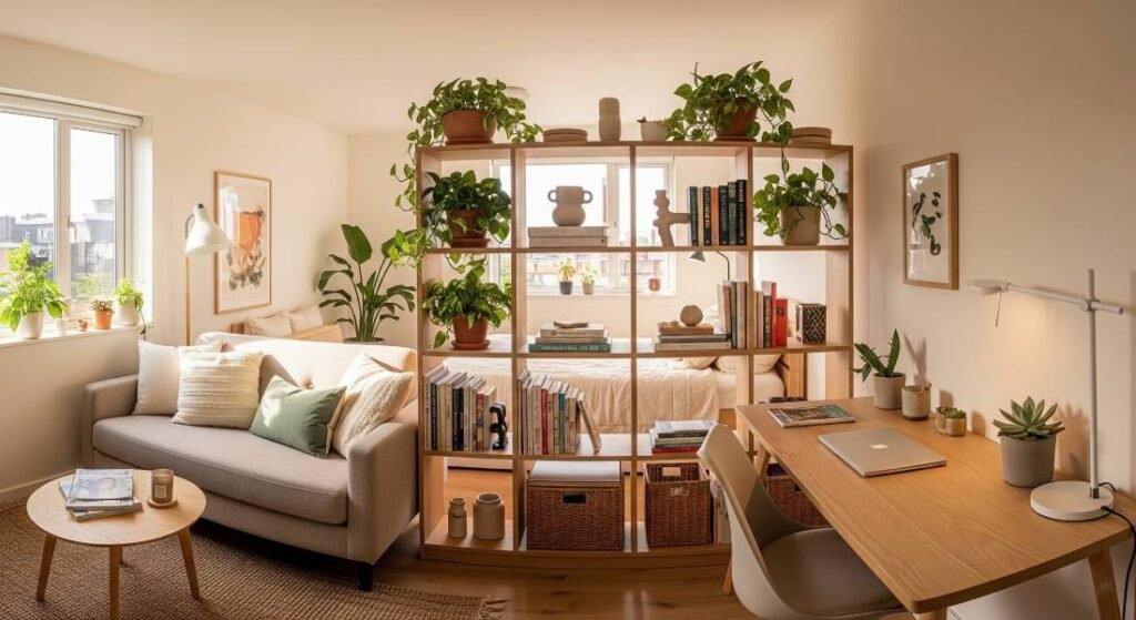 A cozy and bright studio apartment. A wooden bookshelf with plants and books acts as a subtle room divider, separating a living area from a home office, demonstrating a peaceful and functional use of a small space.