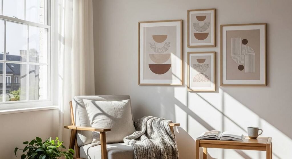 A wall composition with four minimalist and abstract digital art prints in wood frames, creating a personal and affordable touch in an apartment corner.