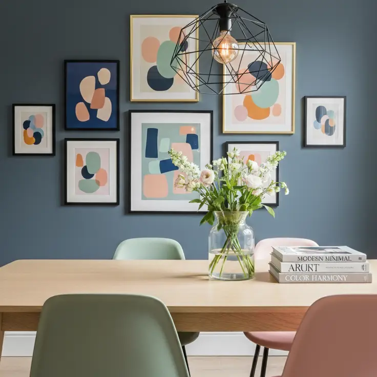 Modern dining room in a home in Montreal, Quebec, featuring a dark blue accent wall adorned with colorful abstract art prints and a stylish black geometric pendant lamp. A light wooden table is set with pastel chairs, a fresh flower arrangement, and books, showcasing a balanced and personalized use of pastel colors and textures.