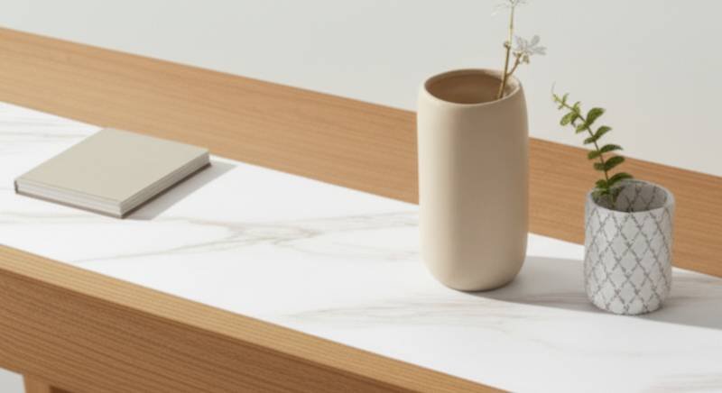 A stylish side table partially covered with marble adhesive paper, showing a simple and affordable renovation for a luxurious look.