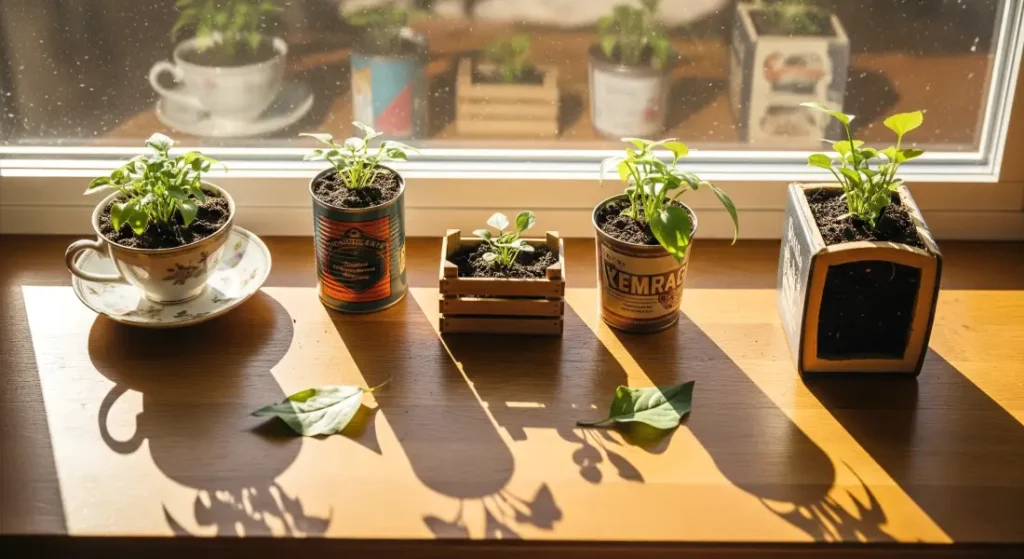 Recycled planters on a sunny windowsill, including a vintage cup and metal cans