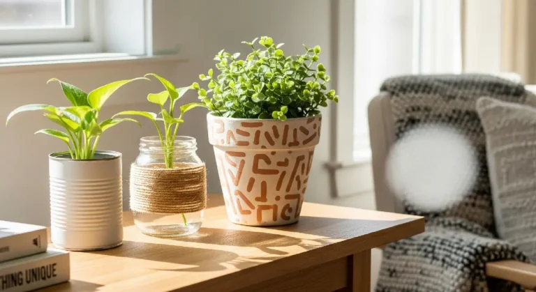 DIY plant pots from recycled materials, adding a personal and stylish touch to a bright and airy apartment space.