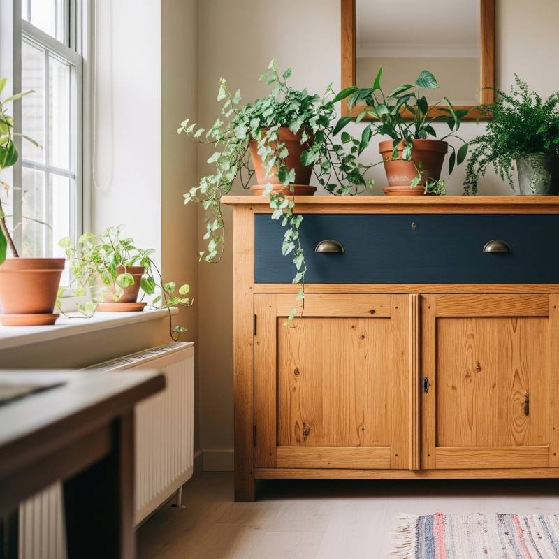 A restored rustic wooden cabinet with a dark, contrasting top drawer placed in a sunlit corner of a dining room. The cabinet is decorated with lush indoor plants in various pots, showcasing a budget-friendly DIY project that adds a personal, high-end touch to the space.
