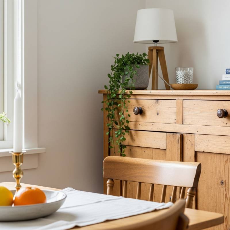 A cozy dining room corner with a beautifully restored old wooden cabinet, showcasing its rustic, DIY feel. The piece has a personal touch, symbolizing finding beauty and character in imperfect, handcrafted items.