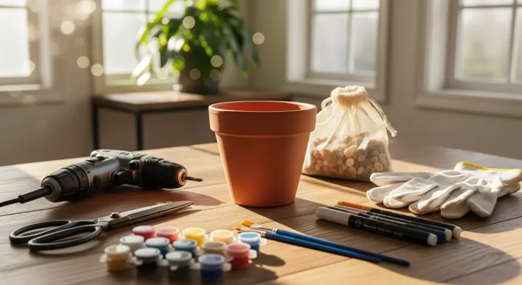 An elegant and complete DIY planter kit, including a mini drill, scissors, acrylic paints, markers, a pouch of pebbles, and gloves. The scene shows the tools on a wooden table with natural light, inspiring creativity.