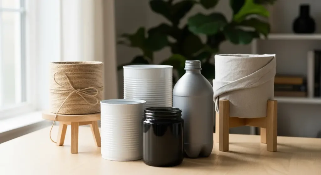 Photographic collage showcasing five elegant DIY planter ideas: matte painted cans, grouping of pots, pots with raised stands, natural textures of jute and linen, and playing with heights.