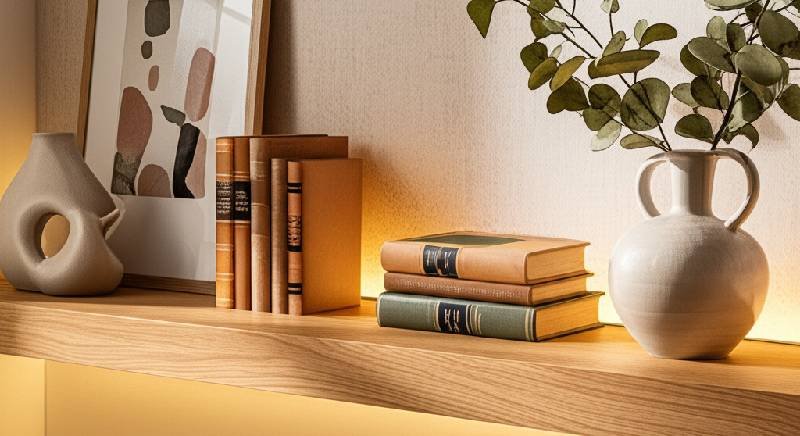 A stylish bamboo tray serving as a centerpiece on a light wooden table, holding candles, a small vase, and books for an organized and elegant focal point.