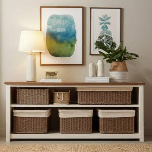 A framed minimalist botanical print displayed on a shelf, representing the unique and affordable digital art available on Etsy.