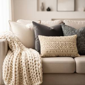 A close-up of a stylish sofa adorned with textured cushions and a cozy throw from H&M Home, showcasing affordable and chic textile updates.
