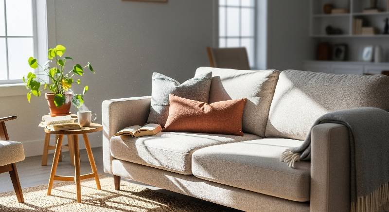 A bright and cozy living room featuring a sofa draped with a light-colored, textured fabric as a throw, showcasing an easy and affordable way to update furniture.