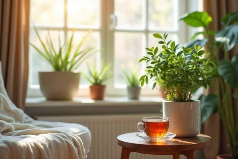 An elegant and modern indoor scene featuring various thriving low-light houseplants in a cozy corner, with soft light filtering through a window. It portrays a serene atmosphere and a stylish home.