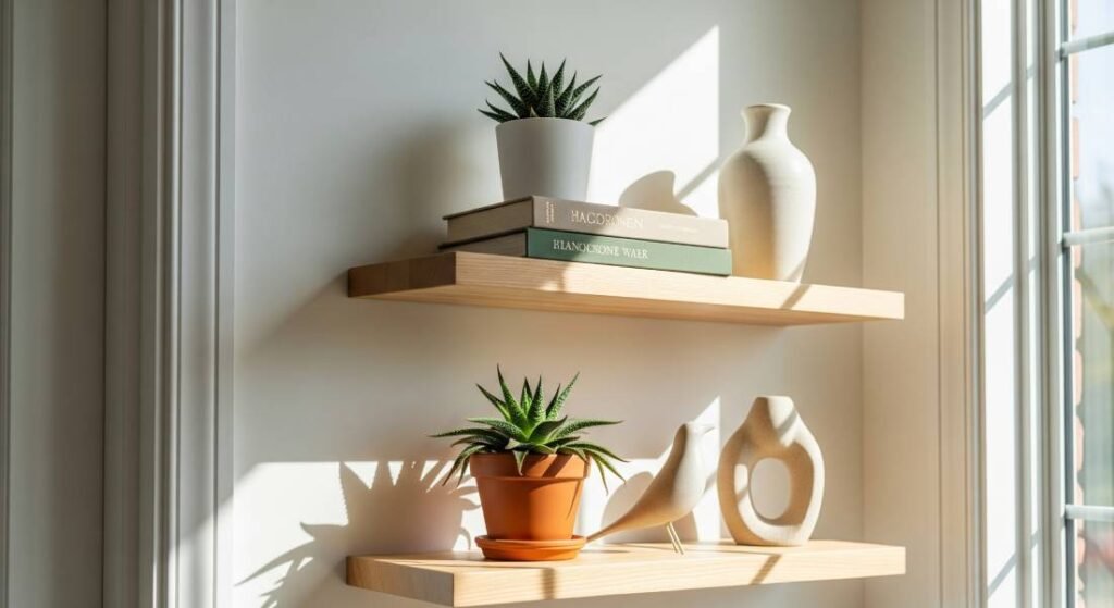 Two light wood floating shelves decorated with a succulent plant, books, and a simple vase, showing how to add functionality and minimalist style to a wall.