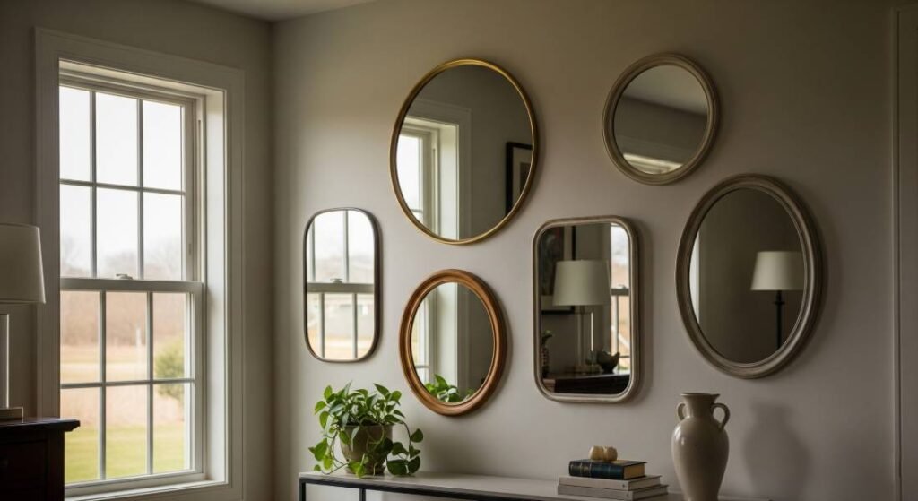 A gallery wall with an artistic composition of mirrors in various shapes and sizes, with vintage-style frames, creating a sense of spaciousness and light in a room.