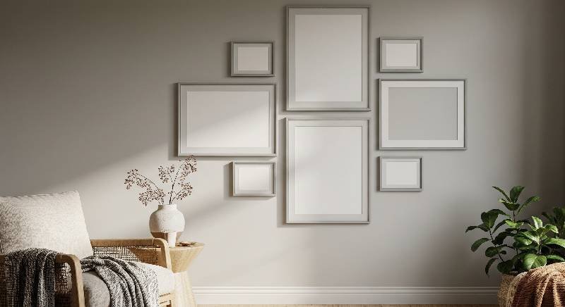 A wall with a modern and minimalist composition of empty picture frames in neutral tones, creating visual interest without the cost of artwork.