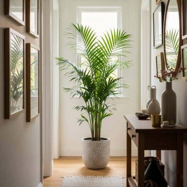 A tall Parlor Palm in a modern pot, standing in a bright, cozy hallway filled with natural light, framed art, and personal decor, creating an inviting atmosphere.