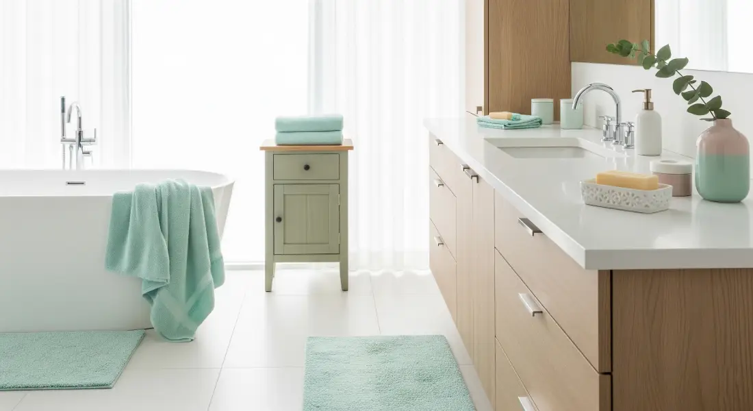 Modern bathroom with light wood details, mint green towels, and a small sage-toned cabinet. The space feels clean and fresh.