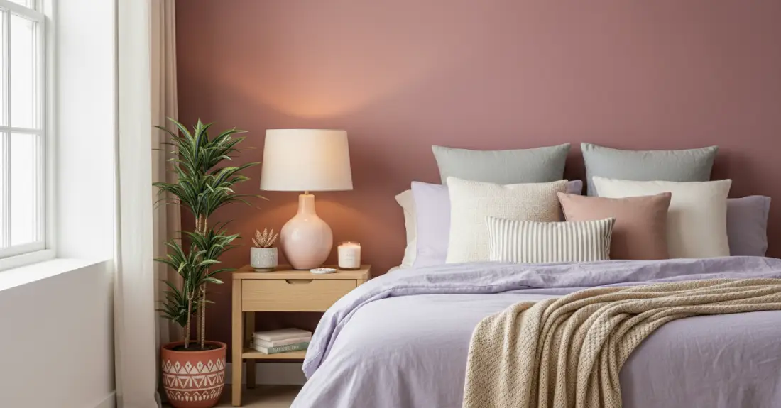 Modern bedroom with a pastel pink accent wall, lavender linen bedding, and light wood nightstands. The space feels warm and cozy.