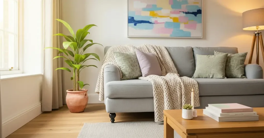 Cozy living room, showcasing balanced pastel decor with a gray sofa, soft pink and lavender cushions, a warm knitted throw, a large green plant, and natural light, creating an inviting and harmonious atmosphere.
