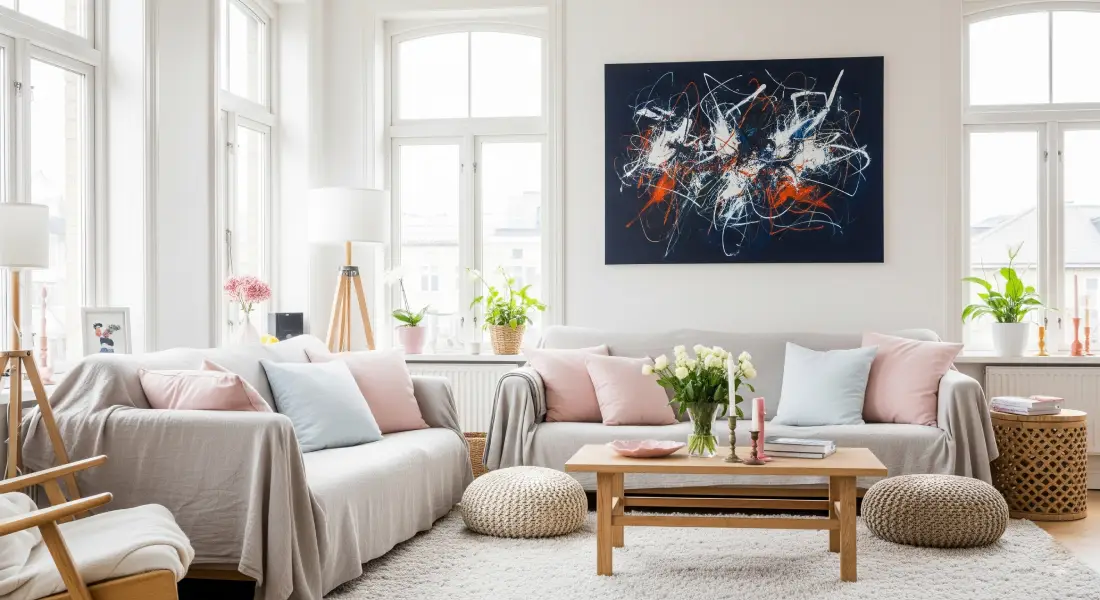 Cozy living room with neutral sofa, pastel pillows, and a high-contrast abstract painting.