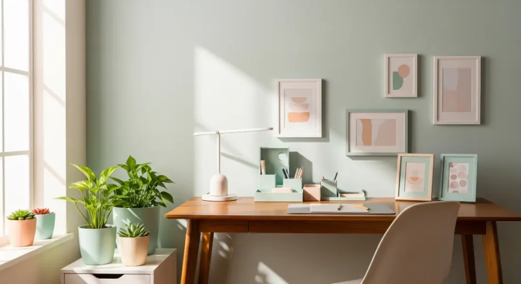 Home office with a pastel green accent wall, a wooden desk, organizers, and plants. A creative and functional space.