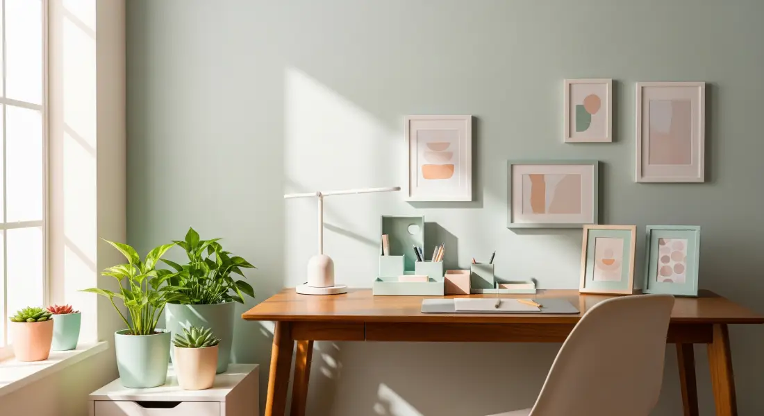 Home office with a pastel green accent wall, a wooden desk, organizers, and plants. A creative and functional space.