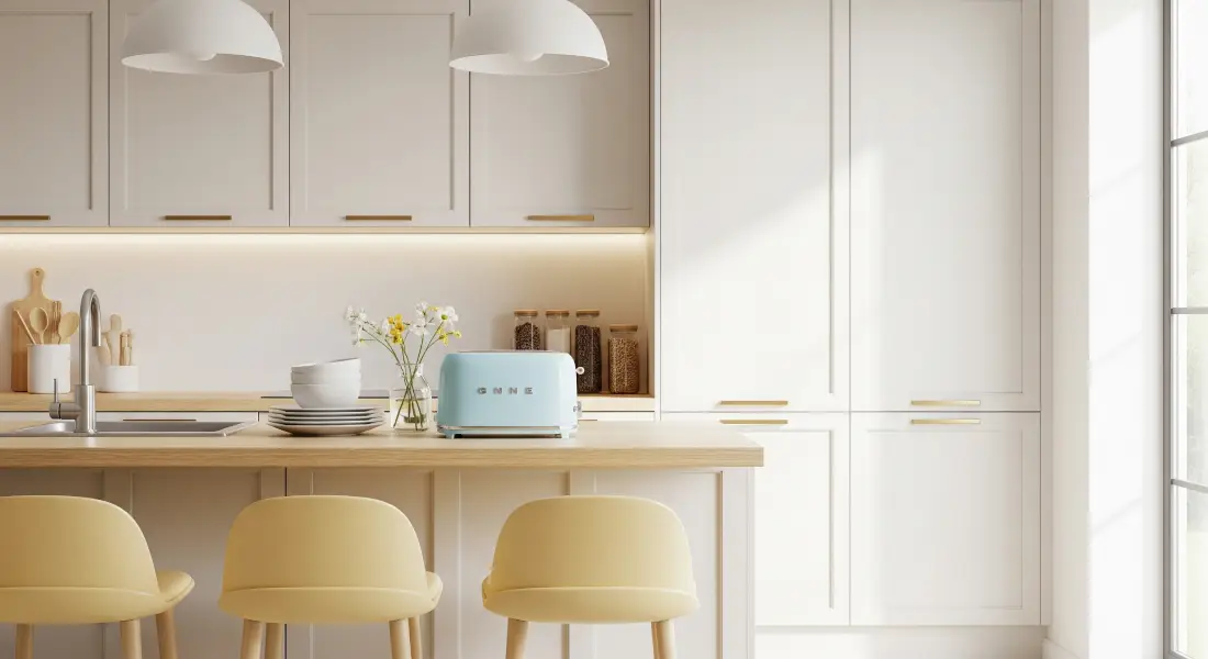 Contemporary kitchen with white cabinets, yellow pastel bar stools, and a retro blue toaster on the island.