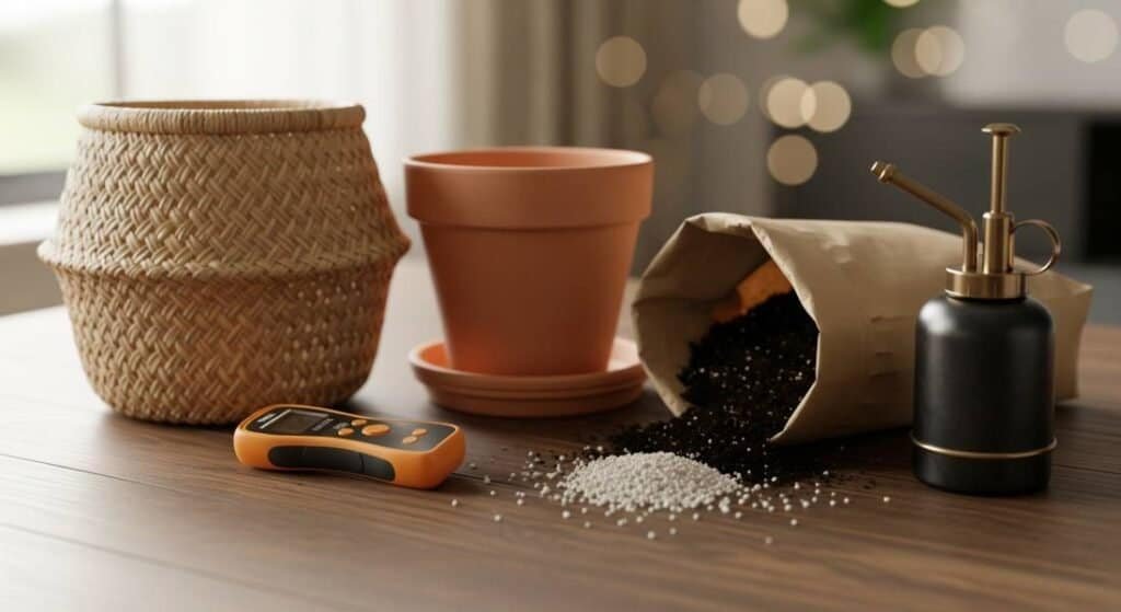 Essential plant care items on a wooden table, including a woven basket, a pot, a moisture meter, potting mix, and a water mister.