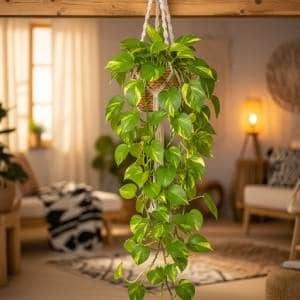 A Pothos plant with lush, heart-shaped leaves cascading from a macrame hanging basket in a cozy, bohemian-style living room. The image has warm, inviting lighting.