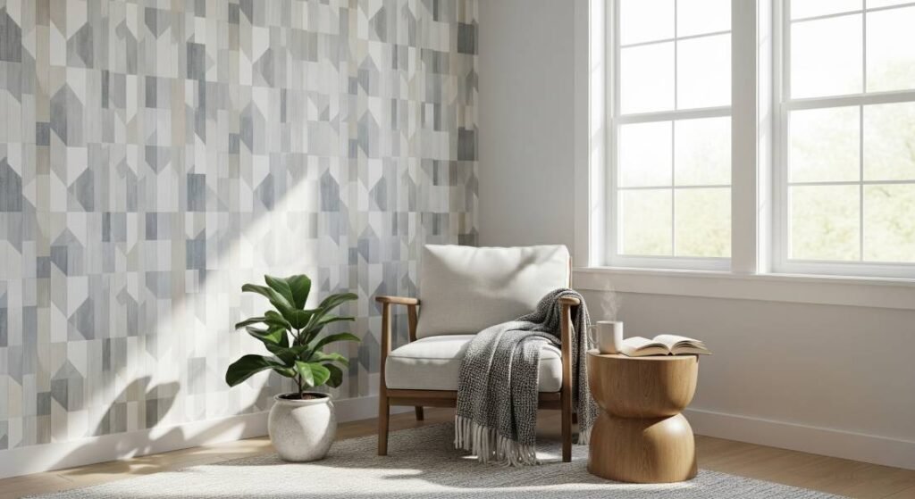 A living room corner with an accent wall covered in removable wallpaper with a geometric pattern, creating a modern and personalized focal point.
