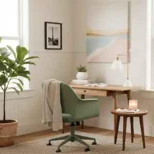 Modern sage green office chair in a cozy home office in Montreal, Quebec, with natural light, a wooden desk, and a potted plant, embodying natural calm and focused productivity.
