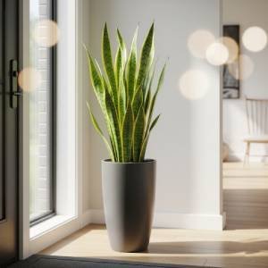 A tall Sansevieria (Snake Plant) in a modern entryway, showcasing its upright, variegated leaves. The scene conveys a bright, sophisticated atmosphere with natural light.