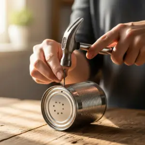 Hands using a nail and a hammer to create drainage holes in the bottom of a metal can.