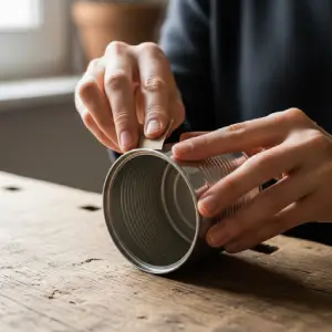 Hands carefully sanding the top edge of a tin can with sandpaper to smooth it and make it safe.