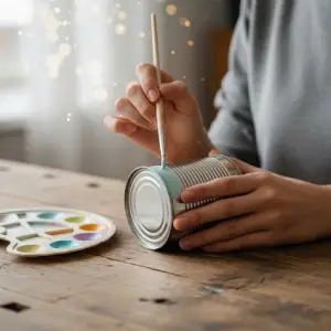 Hands painting the exterior of a tin can with a paintbrush and pastel acrylic paint.