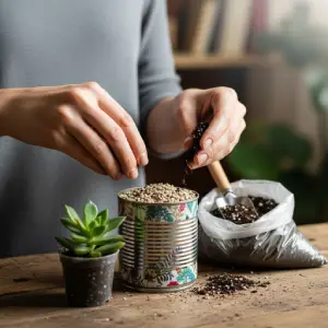 Hands planting a small succulent in a decorated tin can, with a layer of pebbles and soil.