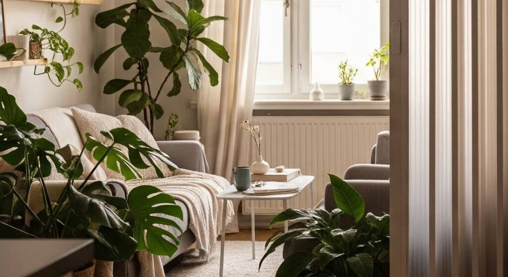 A bright and airy studio apartment featuring a translucent accordion-style PVC wall partially extended to divide the space, offering flexibility and a sense of separation while allowing light to flow through the minimalist decor with indoor plants.