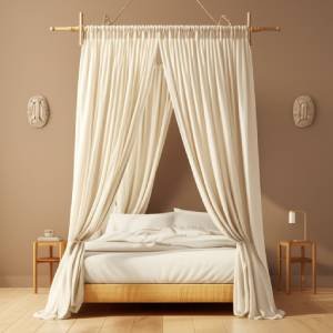 A cozy studio apartment featuring a bed with light canopy curtains, creating a private and serene sleeping nook within the open space, illuminated by soft natural light.